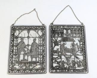 (2) PEWTER / GLASS WINDOW HANGINGS THANKSGIVING / CHRISTMAS, NATIVITY 6" X 8"