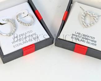 SAPPHIRE AND STERLING HEART NECKLACE & EARRINGS (1) WHITE SAPPHIRE AND STERLING SILVER HEART PENDANT NECKLACE. 18"...