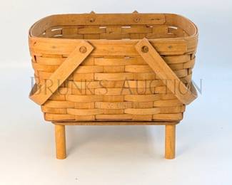LONGABERGER BASKET W/ HANDLES AND WOODEN STAND HAND-WOVEN MADE IN DRESDEN, OHIO, USA 12" W X 12" D X 6.5" T - BASKET
