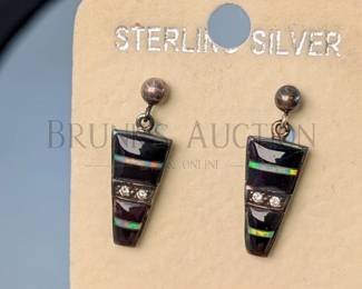 (2) NATIVE INLAID STONE AND STERLING EARRINGS (1) PAIR OF INLAID JETT AND OPAL EARRINGS SET IN STERLING SILVER. FOR PIERCED E...
