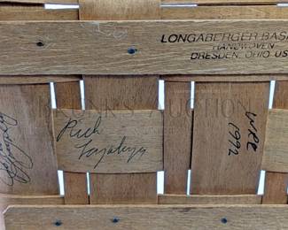 LONGABERGER BASKET W/ HANDLES AND WOODEN STAND HAND-WOVEN MADE IN DRESDEN, OHIO, USA 12" W X 12" D X 6.5" T - BASKET
