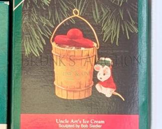 (17 PCS) HALLMARK ORNAMENTS, MICE ALL IN ORIGINAL BOXES INCLUDES: "CHRISTMAS CUDDLE", "GOIN' SOUTH" & MORE RETAIL VA...
