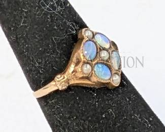ANTIQUE 10K GOLD AND OPAL RING (1) ANTIQUE 1920s/30s 10K GOLD, OPAL, AND SEED PEARL RING. SIZE 4.5 (AS-IS: MISSING 1 SEED PEARL)