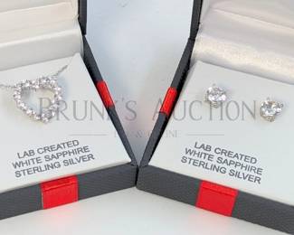 SAPPHIRE AND STERLING EARRINGS & NECKLACE (1) WHITE SAPPHIRE AND STERLING SILVER HEART PENDANT NECKLACE. 18" NECKLACE (...