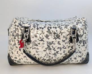 NAHUI OLLIN BUBBLE HANDBAG W/ MATCHING WALLET & TAGS, USED BLACK & WHITE BUTTERFLY MOTIF MADE OF MISPRINT CANDY WRA...
