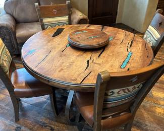 54" Round Custom Mesquite wrought iron dining table with turquoise inlay and wrought iron base sale price $1650 Custom leather dining chairs set of 4 $1500 for all SOLD