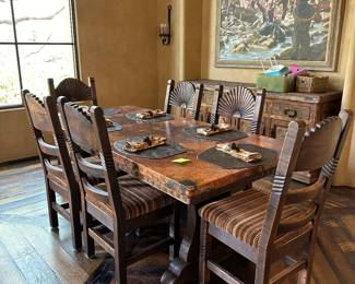 Custom Copper Top and Wrought Iron Base Dining Table and Six Dining Chairs $4500 for set Table price alone $2500 6 chairs $2000