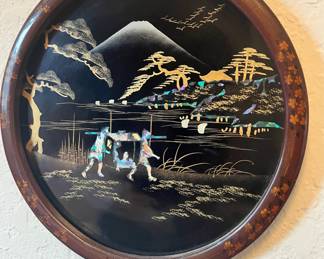 Pair of Japanese Lacquer Inlaid Mother of Pearl Artwork with Circular Floral Frames