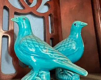 Pair of Turquoise Ceramic Pigeon Figurines