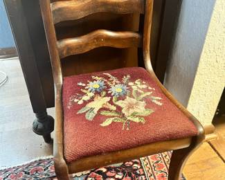 French Ladder Back Accent Chair with Floral Needlepoint Seat