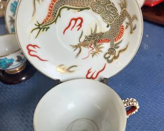 Hand Painted Japanese Dragon Design Teacup & Sacuer