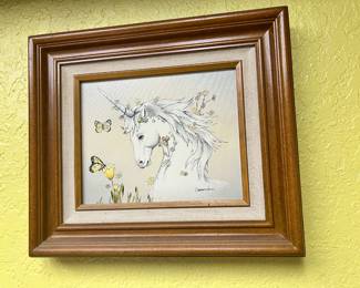 Framed Oil Painting of Unicorn by Casandra