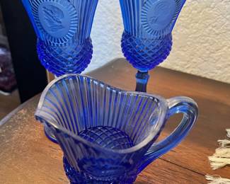 Avon Bicentennial Fostoria Blue Goblet & Pitcher Set