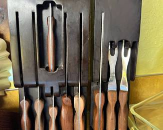 2 Sets In Bakelite Wall Racks Cutco Cutlery with Brown Swirl Handles