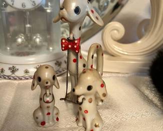 Dalmatian with Red and Gold Polka Dots with Two Leashed Puppies Figurine