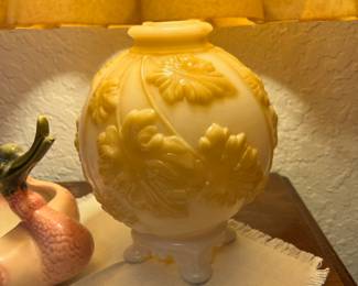 1940's Aladdin Lamp Company Molded Glass Yellow/White Table Lamp with Leaf Design