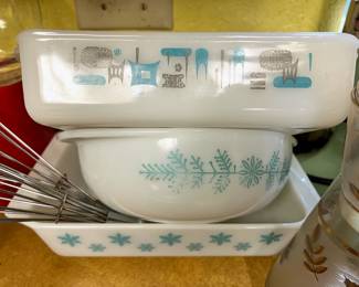 Fire-King Atomic Blue Heaven Pattern Loaf Pan, Pyrex Turquoise Frost Garland Mixing Bowl, Pyrex Turquoise Frost Garland Casserole Dish