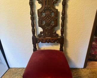 Ornately Carved Renaissance Revival Style Chair with Red Velvet Seat