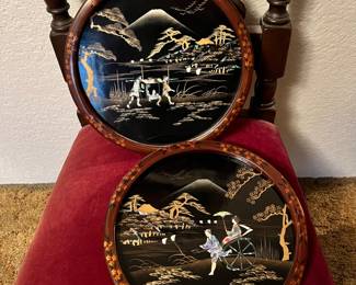 Pair of Japanese Lacquer Inlaid Mother of Pearl Artwork with Circular Floral Frames