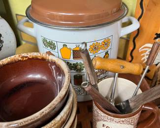 Set of 4 Brown Drip Glaze Bowls, Danish Modern Enamelware Steamer Pot Lid Basket Strainer, 1960's Brown/ Cream Speckled "For My Coffee Break" Mug
