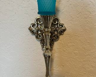 Hollywood Regency Gold Floral Scroll Cast Metal Sconce with Blue Glass Candle Holder