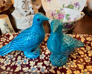 Pair of Turquoise Ceramic Pigeon Figurines