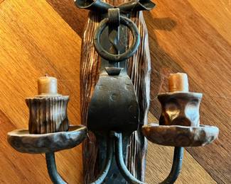 Gothic Style Wood and Iron Double Candle Holder Wall Sconce