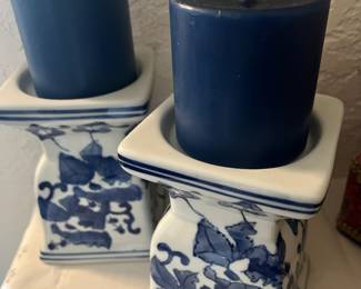 Pair of Silvestri Porcelain Blue/White Floral Chinoiserie Pillar Candle Holders