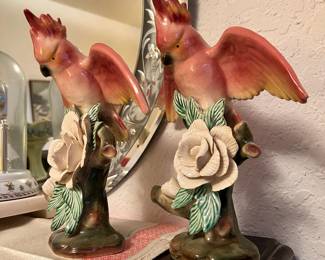 Pair of Pink Ceramic Cockatoos Figurines - Signed by Artist