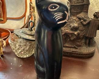 Carved Black Soapstone Cat Figurine