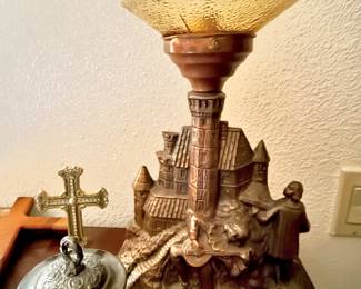 1930's Spelter Metal Lamp with Amber Glass Shade, 