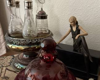 Silver Electroplate Cruet Set, Czech Bohemian Ruby Red Cut to Clear Covered Candy Dish, 1925 Art Deco Replica Of Ferdinand Preiss’ “Girl On A Wall” Figurine