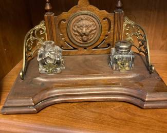 Victorian Style Double Ink Well with Lion Motif