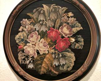 Circular Framed Floral Needlepoint