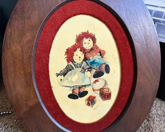 Oval Wood Framed Raggedy Ann and Andy Painting on Wood