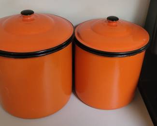 Pair of Otto Japan Orange and Black Enamelware Canisters