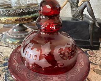 Czech Bohemian Ruby Red Cut to Clear Covered Candy Dish,