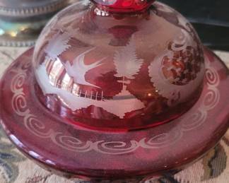 Czech Bohemian Ruby Red Cut to Clear Covered Candy Dish,