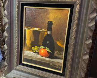 Framed Still Life Oil Painting of Wine Bottle and Fruit by Richard Booker