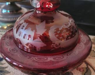 Czech Bohemian Ruby Red Cut to Clear Covered Candy Dish,
