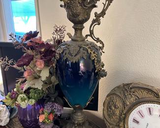 Neoclassical Blue Glass Spelter Filigree Ewer