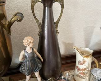 F. Preiss Little Girl Figurine, Pair of 1900's KMD Holland Pewter & Brass Vases