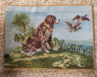 Framed Cross Stitch of Hunting Dog and Mallard Ducks