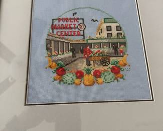 Framed & matted Needlepoint "Seattle Farmer's Market" by Walter Kind