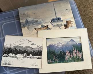 Cabin in the Mountains Pen Drawing by Mary, Matted Mountain Scape Watercolor by Ruth Altenfelder