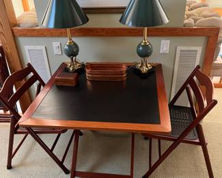 Tramontima card/pub table with four chairs; great pair of matching brass and marble table lamps, including brass dolphin bases.