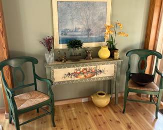  Console table; matching Napoleon green dining chairs by a pottery Barn (made in Italy).