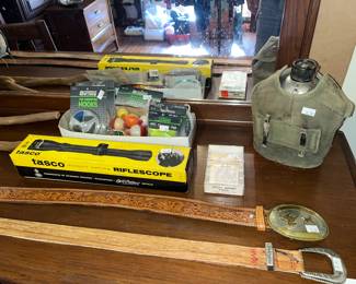 canteen & leather belts, TASCO RIFLE SCOPE in box