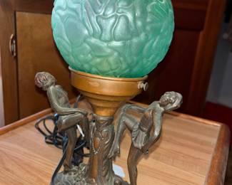 VINTAGE ART DECO BRONZE LAMP - TWO DANCERS w/ ORIGINAL GLASS SHADE! 