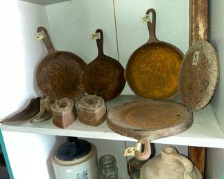 old iron skillets & sad irons, shoe last